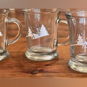 3 vintage, Anchor Hocking white winter glass mugs.